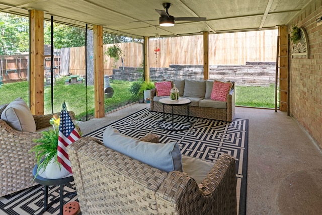 5807 Shady Hill Ln, Arlington, TX 76016 - sunroom with a ceiling fan and outdoor lounge area