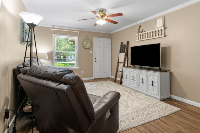5807 Shady Hill Ln, Arlington, TX 76016 - living area with wood finished floors, ornamental molding, and ceiling fan