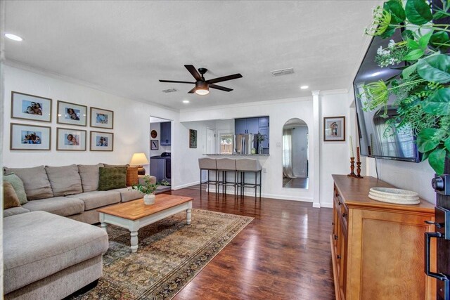 315 N Mckown Ave, Sherman, TX 75092 - living room with ornamental molding, a ceiling fan, dark wood-type flooring, and recessed lighting