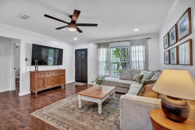 315 N Mckown Ave, Sherman, TX 75092 - living room with ornamental molding, ceiling fan, dark wood-type flooring, and recessed lighting