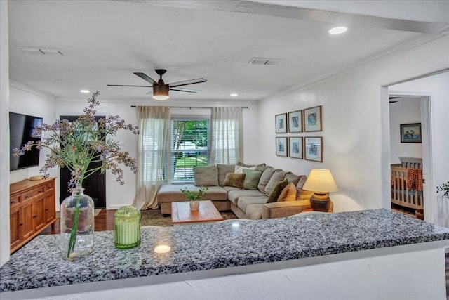 315 N Mckown Ave, Sherman, TX 75092 - living room with crown molding, a ceiling fan, and recessed lighting