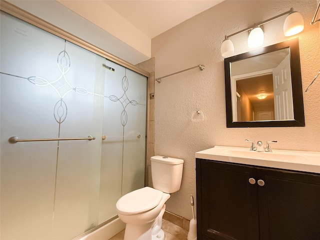 509 Cambridge, Richardson, TX 75080 - full bathroom featuring vanity, a textured wall, a shower with door, and tile patterned floors