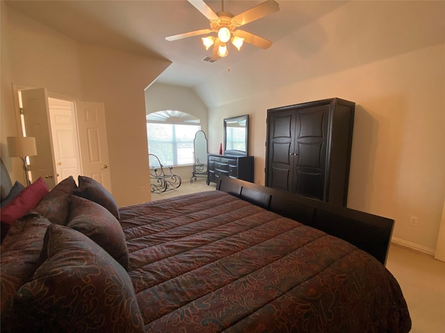 740 Bridgeport Ln, Prosper, TX 75078 - carpeted bedroom with lofted ceiling and a ceiling fan