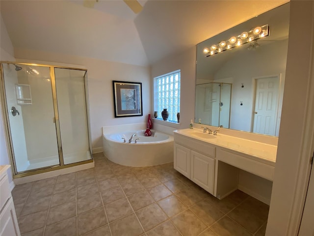 740 Bridgeport Ln, Prosper, TX 75078 - bathroom with lofted ceiling, vanity, a shower stall, a bath, and tile patterned flooring