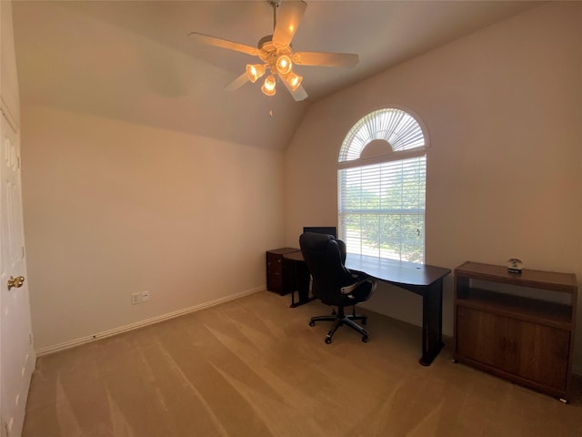740 Bridgeport Ln, Prosper, TX 75078 - carpeted office with lofted ceiling and a ceiling fan