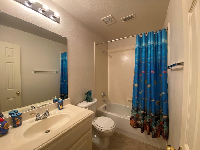 740 Bridgeport Ln, Prosper, TX 75078 - full bath featuring tile patterned flooring, shower / bath combination with curtain, vanity, and a textured ceiling