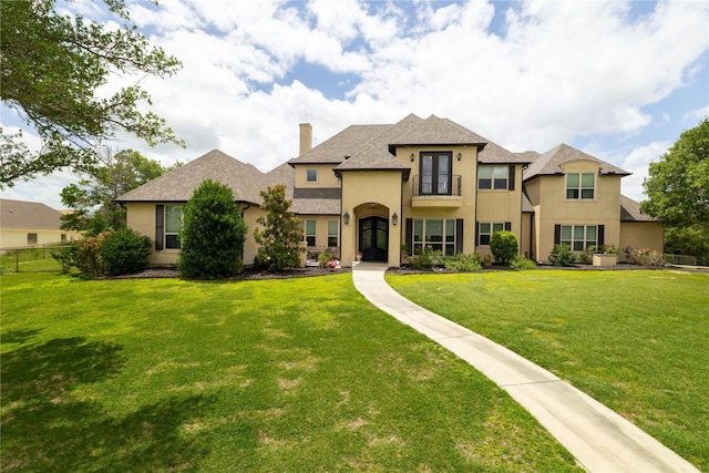 100 Redtail Hawk Dr, Aledo, TX 76008 - french country inspired facade featuring stucco siding, a chimney, a front lawn, and french doors