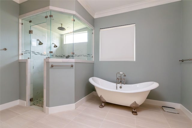 100 Redtail Hawk Dr, Aledo, TX 76008 - bathroom with a stall shower, a freestanding tub, ornamental molding, and tile patterned floors