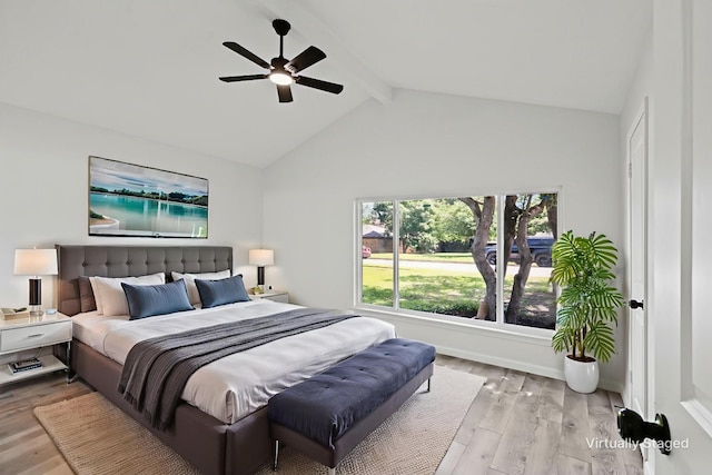 6401 Simmons Rd, North Richland Hills, TX 76182 - bedroom featuring beam ceiling, light wood-style flooring, ceiling fan, and high vaulted ceiling