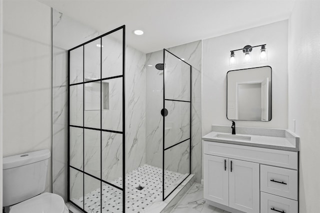 6401 Simmons Rd, North Richland Hills, TX 76182 - bathroom with marble look tiles, a marble finish shower, vanity, and recessed lighting