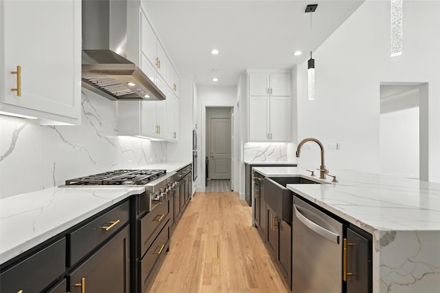 13868 Dorset Ln, Frisco, TX 75035 - kitchen featuring wall chimney range hood, dishwasher, white cabinetry, backsplash, and recessed lighting
