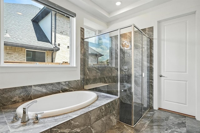 13868 Dorset Ln, Frisco, TX 75035 - bathroom featuring a garden tub, a shower stall, marble tiled flooring, and recessed lighting