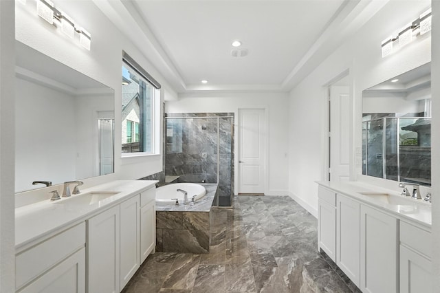 13868 Dorset Ln, Frisco, TX 75035 - full bath featuring a shower stall, two vanities, a garden tub, marble tiled floors, and recessed lighting