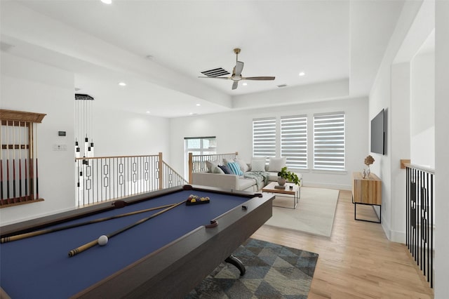 13868 Dorset Ln, Frisco, TX 75035 - rec room with a ceiling fan, light wood finished floors, recessed lighting, billiards table, and a tray ceiling