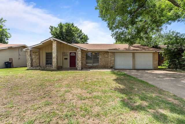 5308 Wentworth St, Fort Worth, TX 76132 - mid-century inspired home with a garage, driveway, a front yard, board and batten siding, and stone siding
