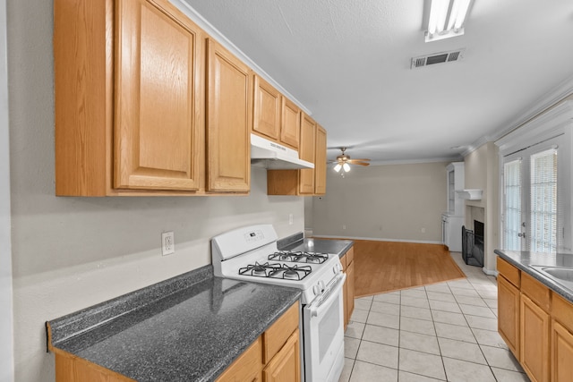 5308 Wentworth St, Fort Worth, TX 76132 - kitchen with gas range gas stove, under cabinet range hood, light tile patterned floors, ceiling fan, and a fireplace