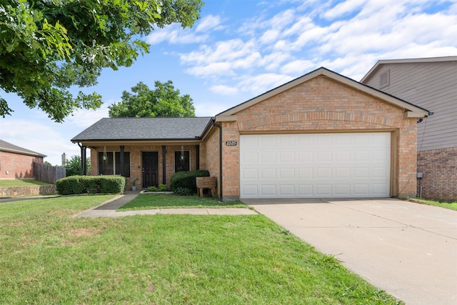 8805 Tumbleweed Dr, Cross Roads, TX 76227 - ranch-style house with brick siding, an attached garage, a front yard, and driveway