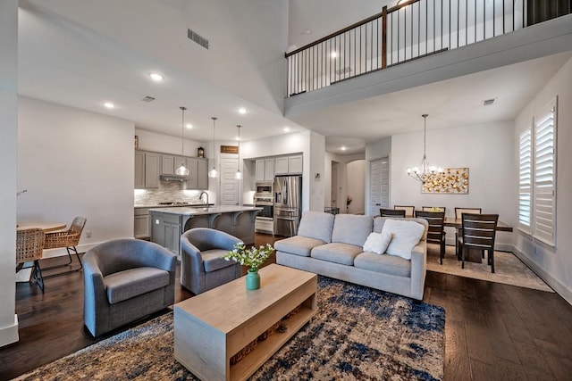 778 Corner Post Path, Celina, TX 75009 - living room with dark wood-style floors, a chandelier, and recessed lighting