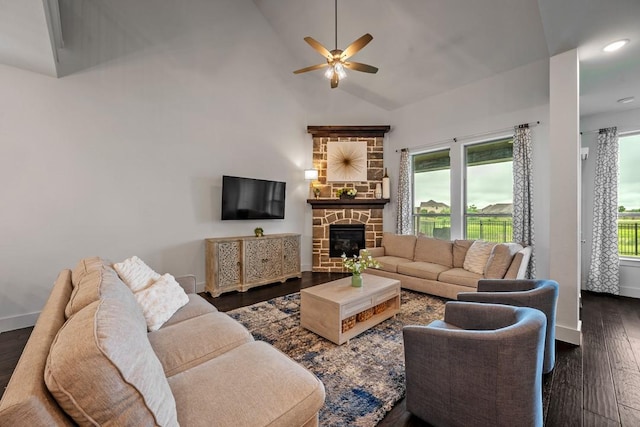 778 Corner Post Path, Celina, TX 75009 - living area featuring a ceiling fan, wood finished floors, recessed lighting, a stone fireplace, and high vaulted ceiling