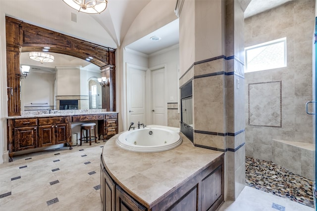 2521 Fair Oaks Ln, Prosper, TX 75078 - bathroom featuring a stall shower, vanity, crown molding, and a jetted tub