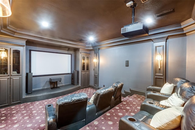 2521 Fair Oaks Ln, Prosper, TX 75078 - carpeted home theater room featuring crown molding and decorative columns