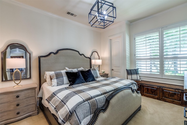2521 Fair Oaks Ln, Prosper, TX 75078 - bedroom with light colored carpet, a chandelier, and crown molding