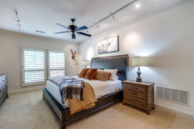 2521 Fair Oaks Ln, Prosper, TX 75078 - bedroom with track lighting, light colored carpet, crown molding, and ceiling fan