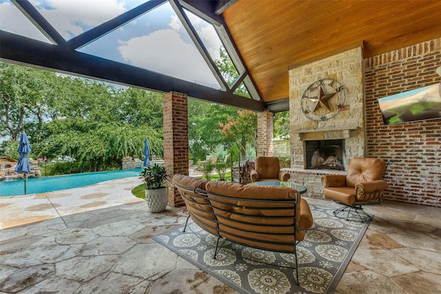 2521 Fair Oaks Ln, Prosper, TX 75078 - view of patio with an outdoor living space with a fireplace and an outdoor pool