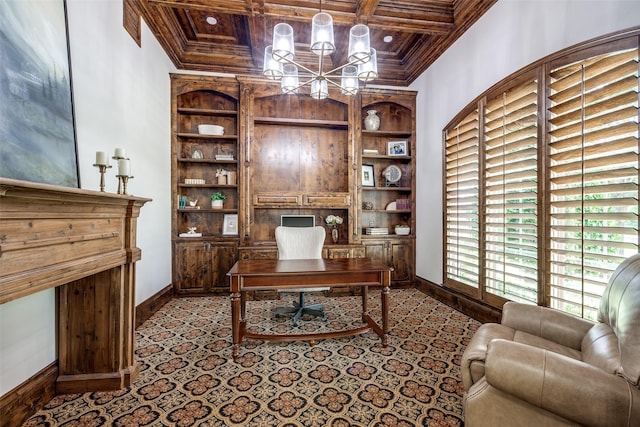 2521 Fair Oaks Ln, Prosper, TX 75078 - office area featuring a chandelier, coffered ceiling, ornamental molding, a wood ceiling with exposed beams, and built in shelves