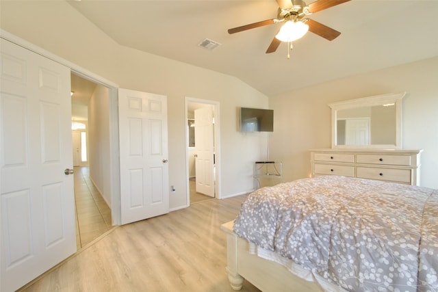 9929 Caney Creek Dr, Waco, TX 76708 - bedroom featuring lofted ceiling, light wood finished floors, and a ceiling fan