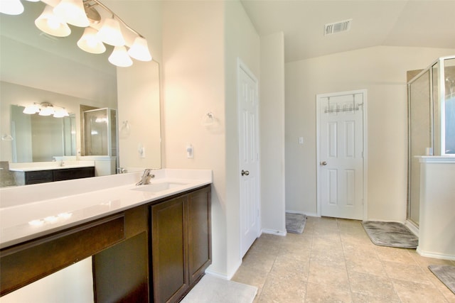 9929 Caney Creek Dr, Waco, TX 76708 - bathroom with a stall shower, vanity, and lofted ceiling