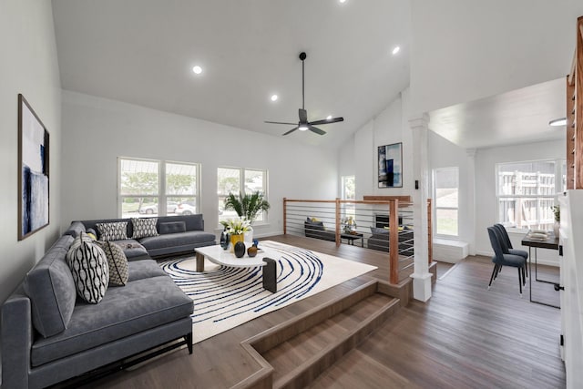3509 Brook Glen Dr, Garland, TX 75044 - living room featuring ceiling fan, plenty of natural light, high vaulted ceiling, wood finished floors, and recessed lighting