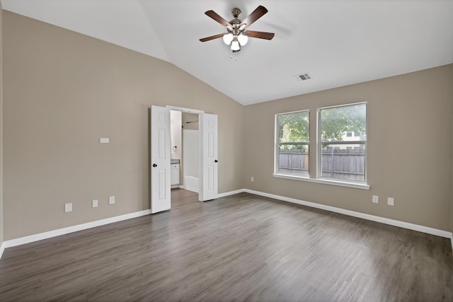 8805 Highland Orchard Dr, Fort Worth, TX 76179 - spare room with a ceiling fan, vaulted ceiling, and dark wood-style flooring