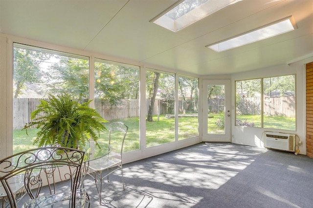 692 High Crest Dr, Azle, TX 76020 - unfurnished sunroom featuring a skylight, healthy amount of natural light, carpet, and an AC wall unit