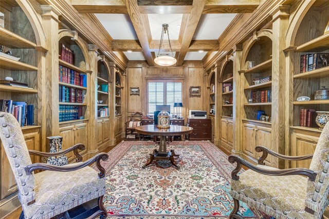 5930 Desco Dr, Dallas, TX 75225 - office with wood walls, beam ceiling, coffered ceiling, and crown molding