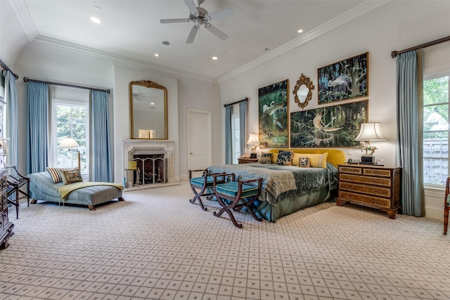 5930 Desco Dr, Dallas, TX 75225 - bedroom featuring carpet floors, multiple windows, ornamental molding, a fireplace with raised hearth, and recessed lighting