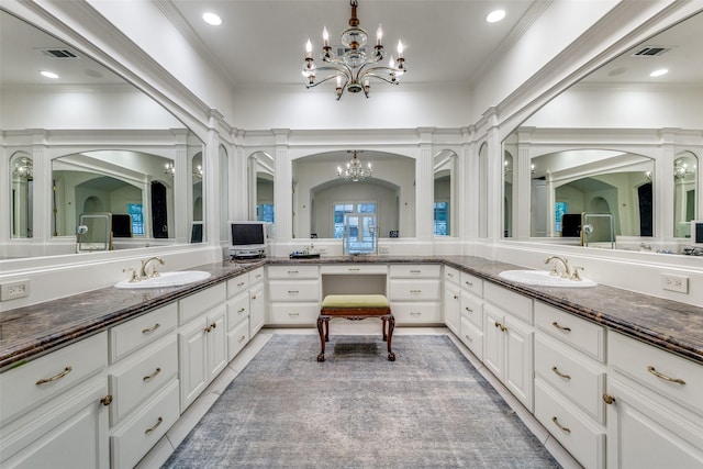 5930 Desco Dr, Dallas, TX 75225 - full bathroom featuring a chandelier, vanity, and crown molding