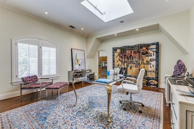 5930 Desco Dr, Dallas, TX 75225 - office with dark wood finished floors, crown molding, a skylight, and recessed lighting