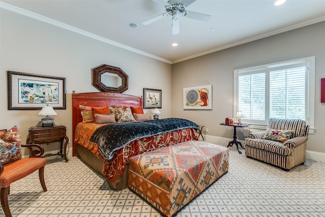 5930 Desco Dr, Dallas, TX 75225 - bedroom with light carpet, ornamental molding, recessed lighting, and a ceiling fan