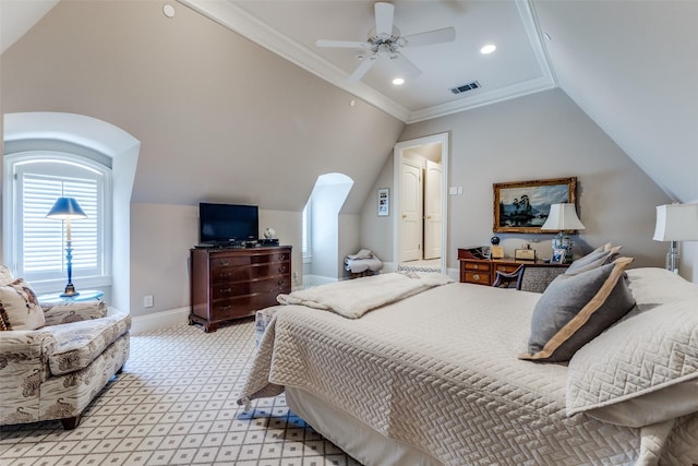 5930 Desco Dr, Dallas, TX 75225 - bedroom featuring vaulted ceiling, light carpet, ornamental molding, ceiling fan, and recessed lighting