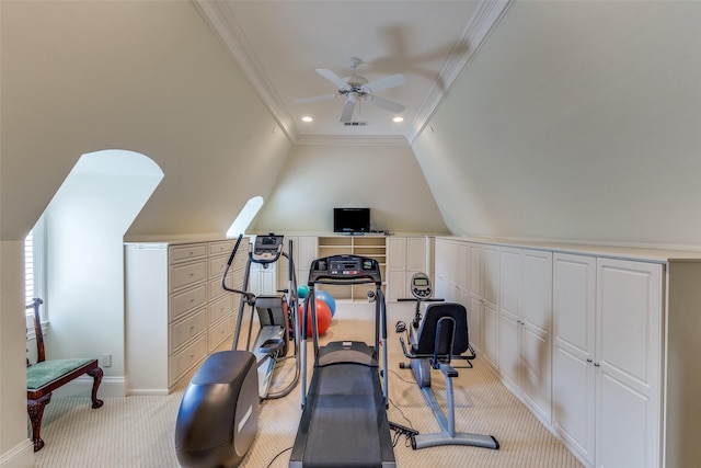 5930 Desco Dr, Dallas, TX 75225 - workout area featuring crown molding, light colored carpet, ceiling fan, vaulted ceiling, and recessed lighting