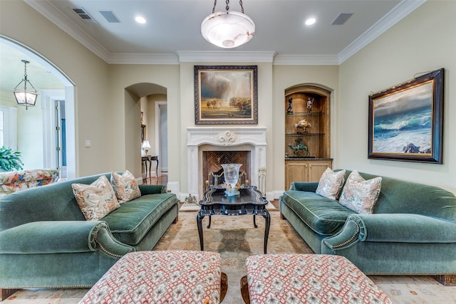 5930 Desco Dr, Dallas, TX 75225 - living area with ornamental molding, arched walkways, a fireplace, recessed lighting, and wood finished floors