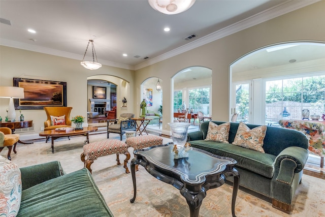 5930 Desco Dr, Dallas, TX 75225 - living room with arched walkways, ornamental molding, and recessed lighting