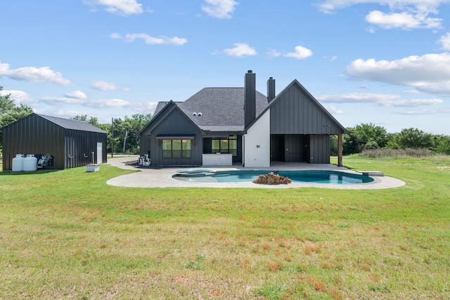 521 Echo Glade Ct, Azle, TX 76020 - back of property with board and batten siding, a chimney, a lawn, a pool with connected hot tub, and a patio