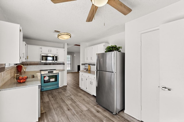10320 Wood Heights Dr, Dallas, TX 75227 - kitchen featuring appliances with stainless steel finishes, light countertops, white cabinetry, decorative backsplash, and light wood-style flooring
