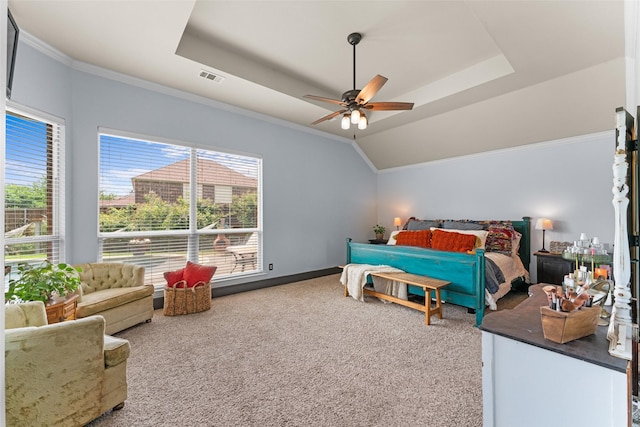 1740 Greenwood Ct, Prosper, TX 75078 - bedroom with a tray ceiling, carpet floors, multiple windows, crown molding, and a ceiling fan