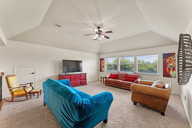 1740 Greenwood Ct, Prosper, TX 75078 - carpeted living area with ceiling fan and lofted ceiling