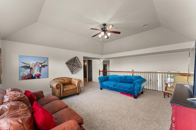 1740 Greenwood Ct, Prosper, TX 75078 - living area featuring a ceiling fan, carpet flooring, and vaulted ceiling