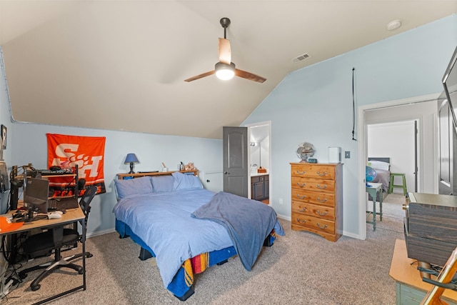 1740 Greenwood Ct, Prosper, TX 75078 - bedroom with vaulted ceiling, carpet flooring, an office area, ceiling fan, and ensuite bathroom