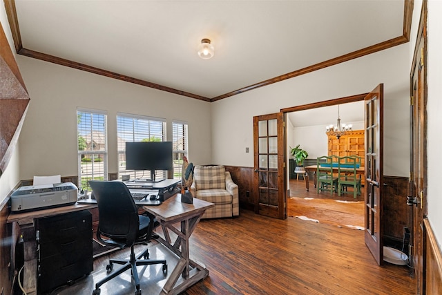 1740 Greenwood Ct, Prosper, TX 75078 - office area with wood finished floors, crown molding, a chandelier, french doors, and a wainscoted wall